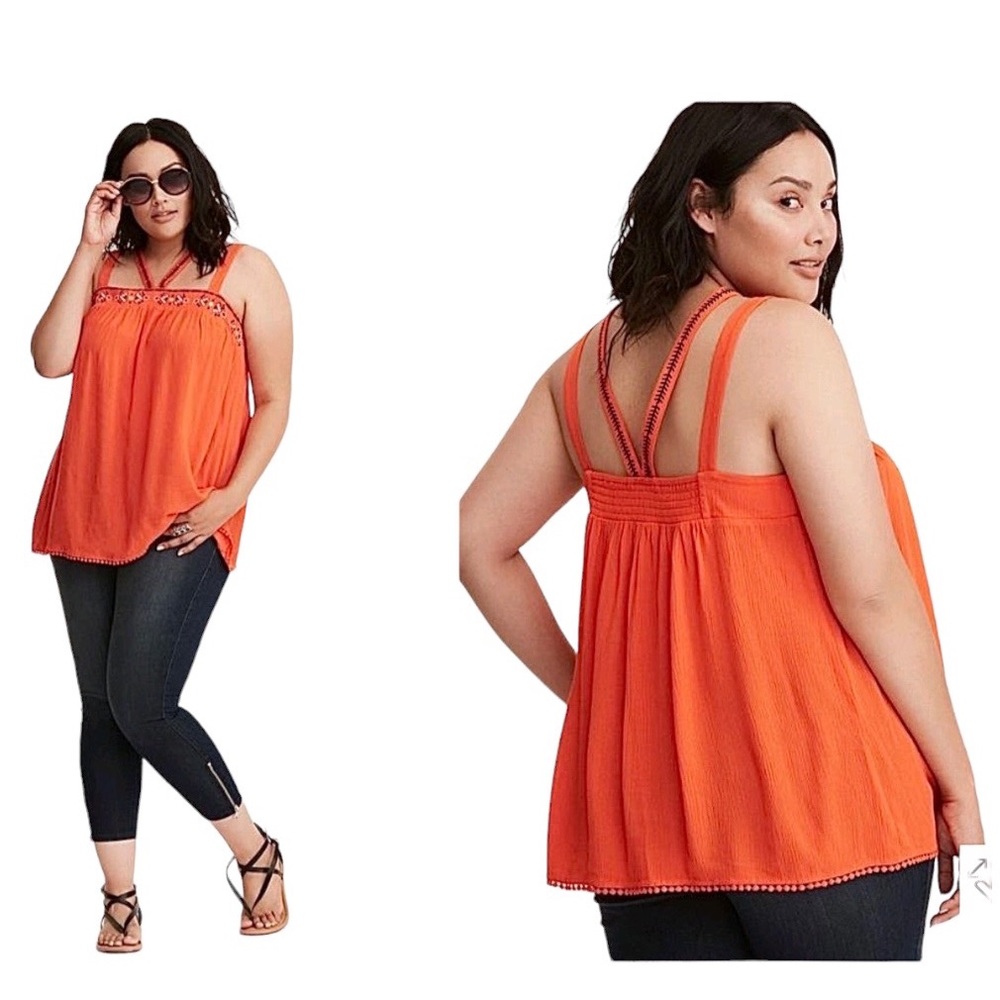 New Torrid orange gauze Aztec embroidered double strap tank top size large
